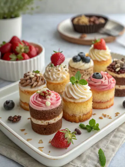 Mini tortas decoradas con frosting y frutos rojos
